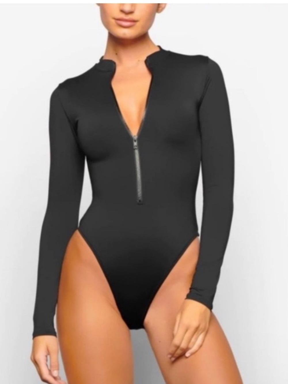 NWT SKIMS Fits Everybody Black Long-Sleeve Zip Bodysuit Sz S